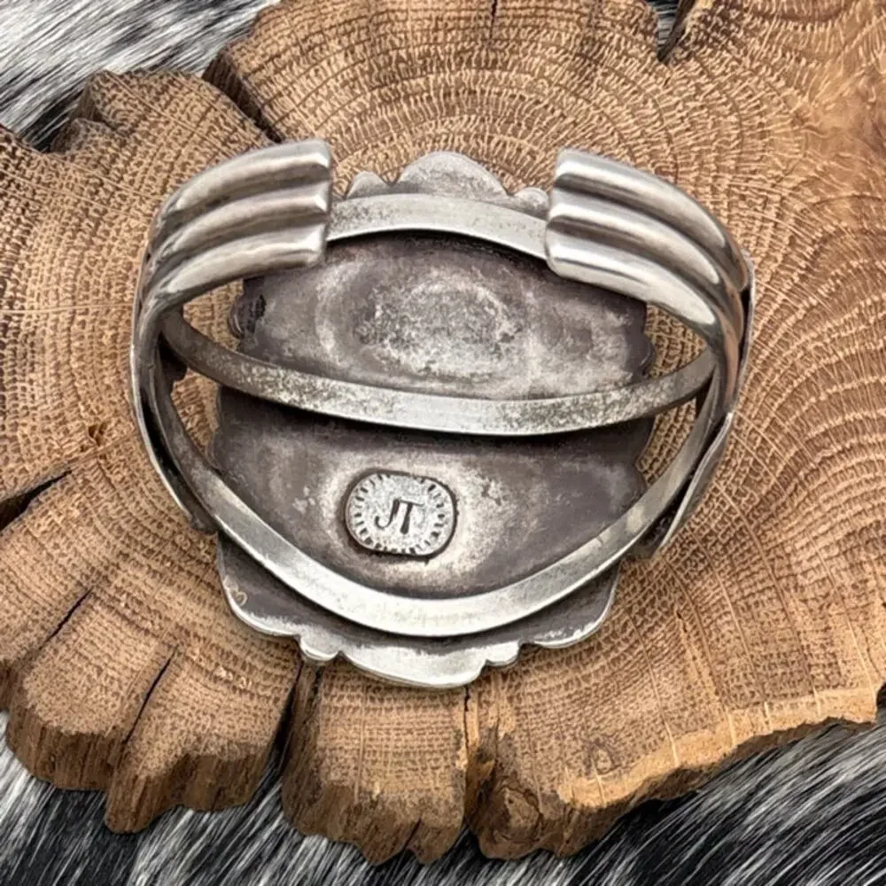 1960s Native American NAVAJO Sterling Turquoise Cluster Cuff Bracelet Flowers - Picture 4 of 5